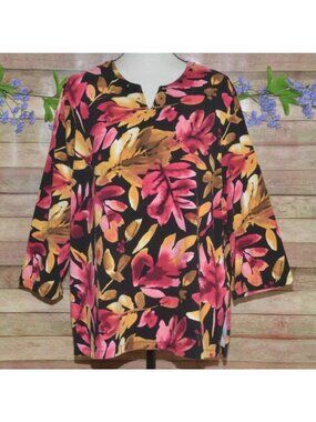 Alfred Dunner Womens 3/4 Sleeve Shirt 1X Tunic Side Slit Beaded V-Neck Fall Leaf